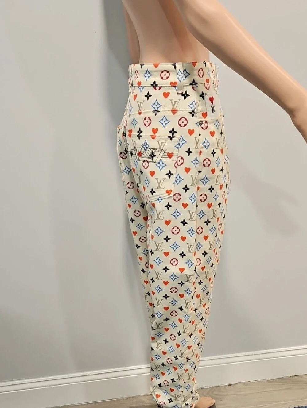 Louis Vuitton Cream High-Rise Jeans with Red & Blue Monogram Accents